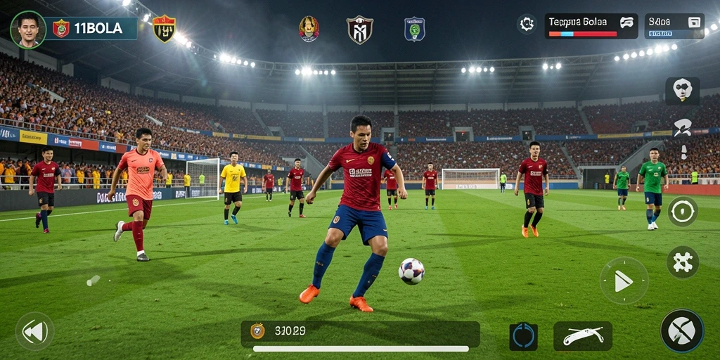 Tangkapan layar gameplay 11BOLA menunjukkan aksi sepak bola seru.