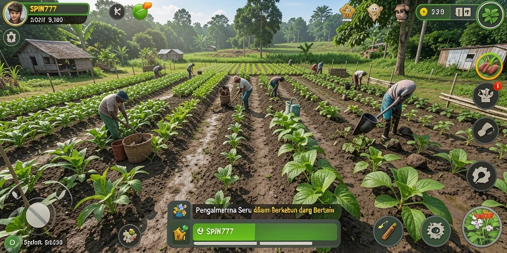 Tampilan gameplay seru dengan aktivitas berkebun yang interaktif.